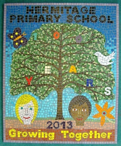 Hermitage Primary School mosaic by Sue Kershaw - completed