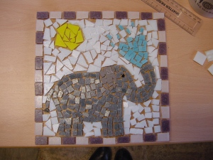 Mosaic elephant completed by mosaic workshop participant