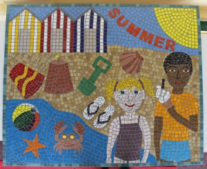Four Seasons School Mosaic created with Cottingley Academy Primary School, Leeds, West Yorkshire with Sue Kershaw, Mosaic Artist